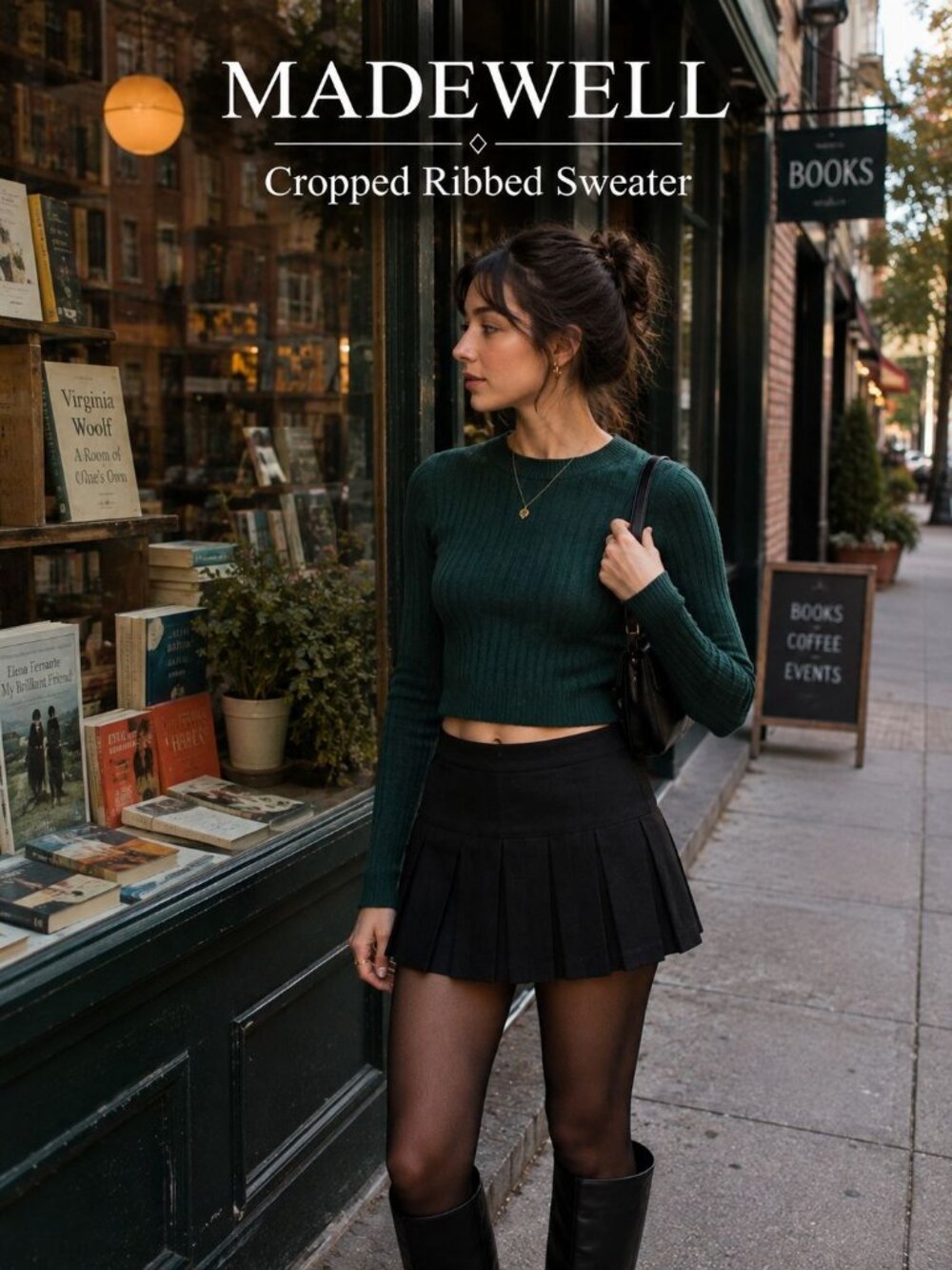 Madewell Sweater Women S Emerald Green Ribbed Cropped Crew Neck Minimalist